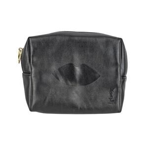 YSL BEAUTY MAKEUP BAG – BLACK LEATHER – GOLD ZIPPER – RARE EMBOSSED LIP DETAIL
